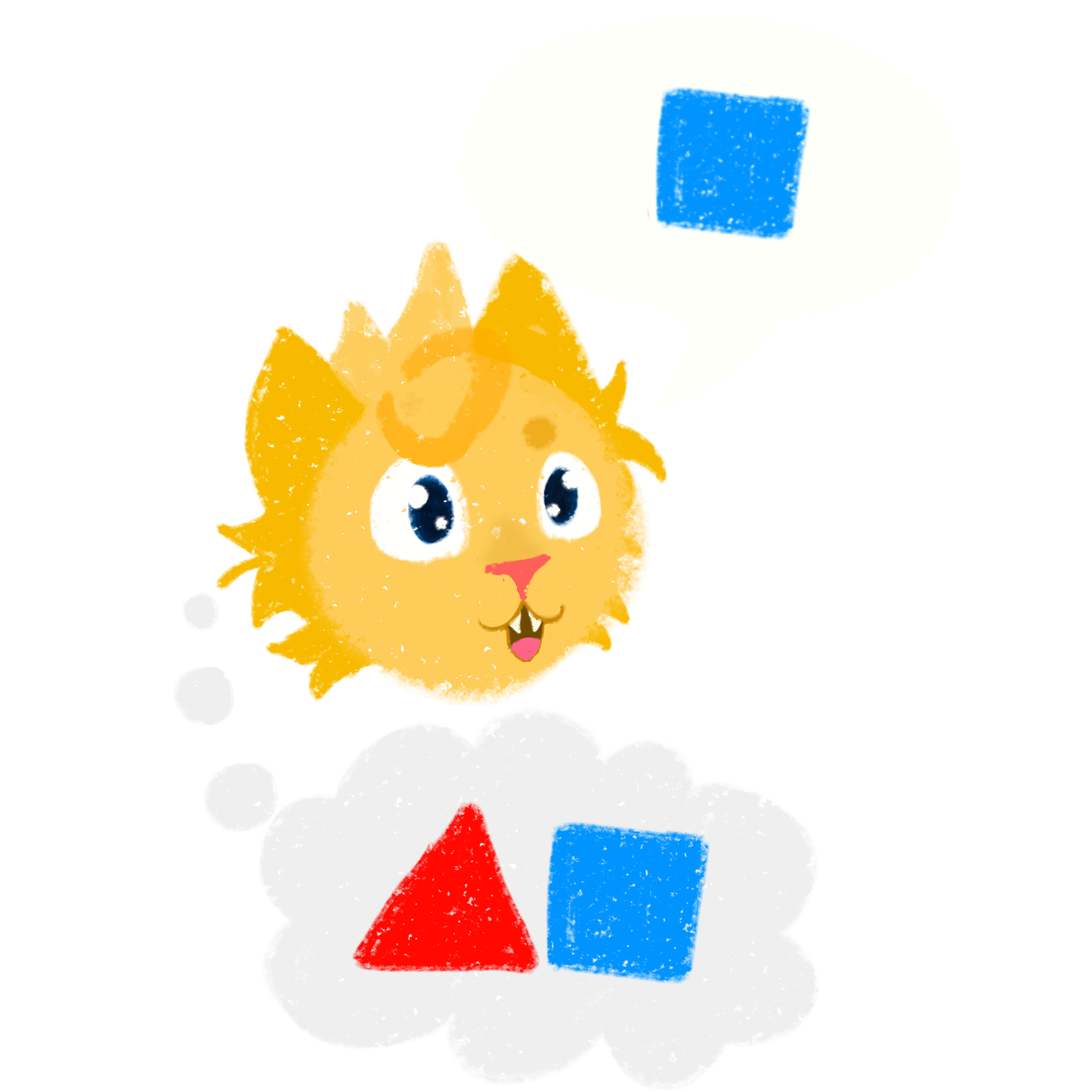 A cartoon cat with large, round eyes is shown. The cat's mouth is open slightly. A speech bubble above the cat's head contains a blue square. In the cat's thought bubble, a red triangle and a blue square are visible.